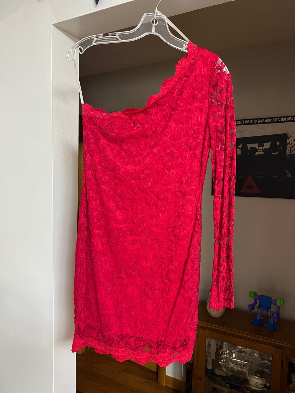 The Vintage Shop Hot Pink One-Shoulder Lace Dress